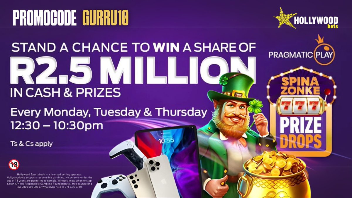 Get to play Spina Zonke every Wednesday,  Friday and Saturday from 20:30 to 22:30 
Use promo code: GURRU10 for R25 signup bonus + 50 Free Spins. 🎁
Link: bit.ly/GURRU10

Ts&amp;Cs apply 18+ 
Hollywoodbets 
#SignUpOnHollywoodbets