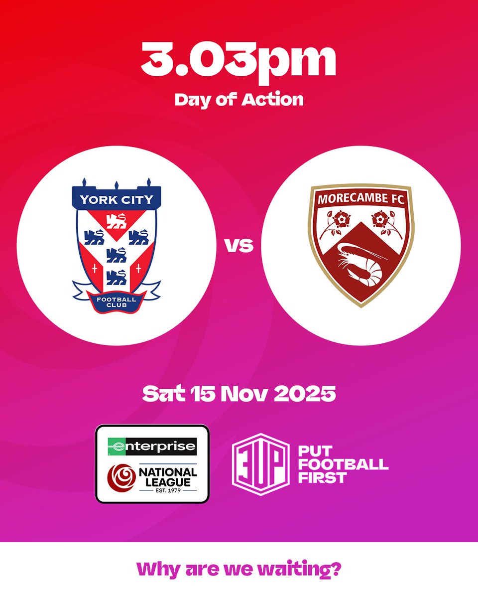 YorkCityFC's tweet image. Why are we waiting? 🤷

Our fixture this Saturday will kick off at 3.03pm as part of the National League's #3UPDayofAction

Football should reward ambition… not limit it. Put football first and give us #3UP 👍

Tap the link and sign the petition 👇

🔗 change.org/VoteFor3UP