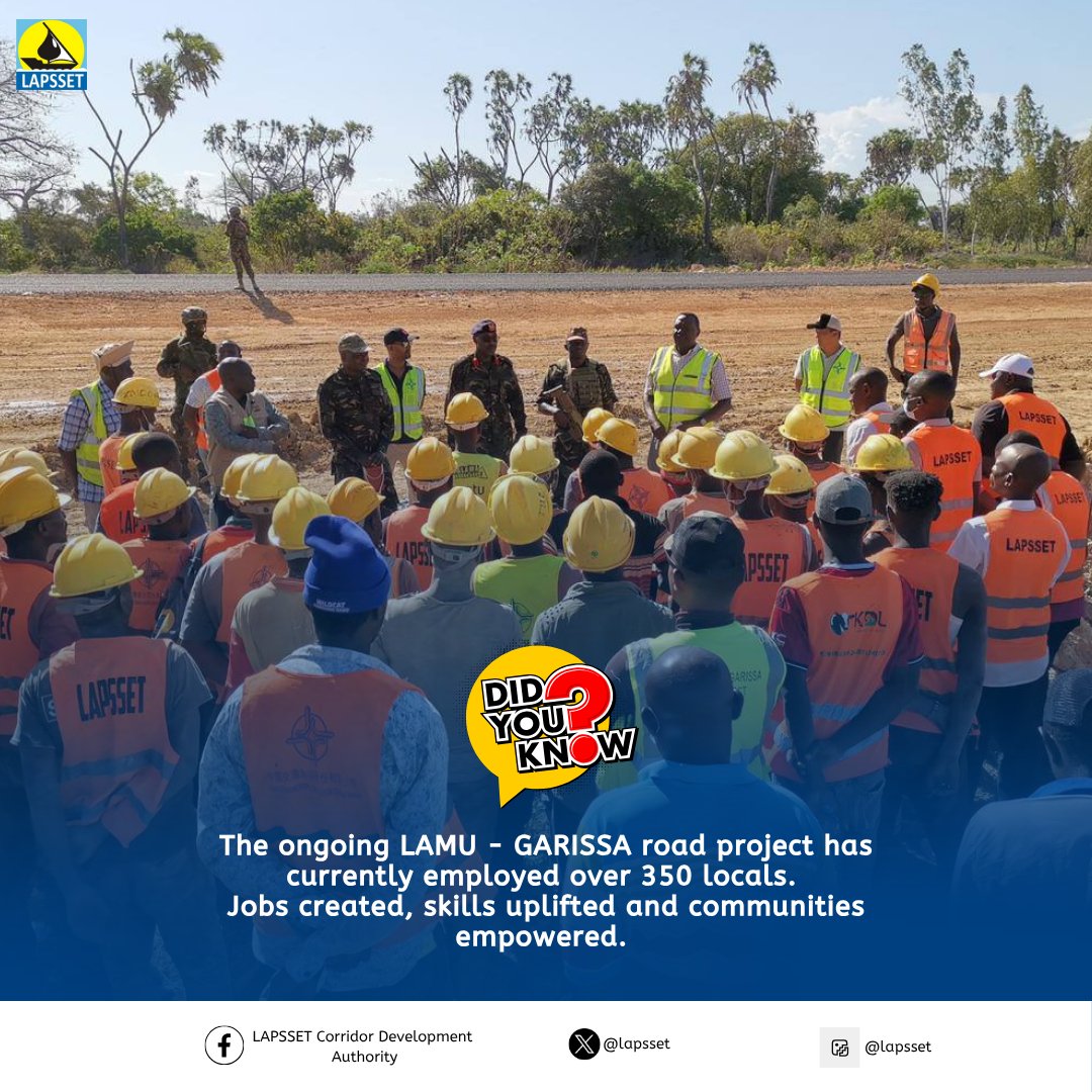 lapsset's tweet image. DID YOU KNOW?
The ongoing LAMU - GARISSA road project has currently employed over 350 locals.
Jobs created, skills uplifted and communities empowered.

#wednesday #Development #Employment