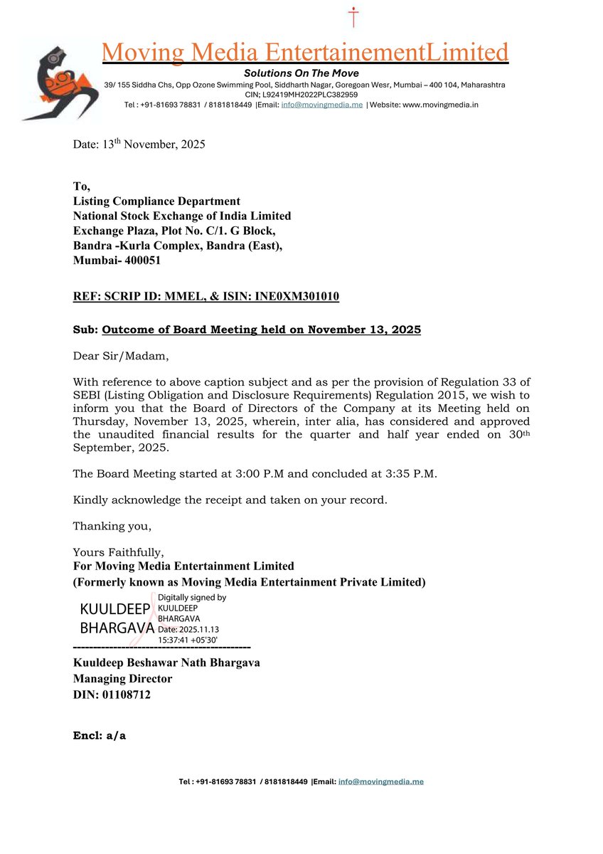 nileshkurhade's tweet photo. 📌 Moving Media Entertainment Limited informed the exchange about its approval for the financial results for the period ended September 30, 2025. #SME #MMEL 📄🧾 https://t.co/OKq1OJydfa