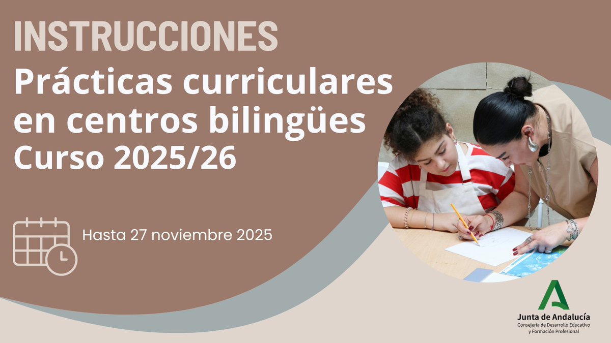 Publicadas las Instrucciones de la <a href="/DG_IFP/">DG de Innovación y Formación del Profesorado</a> para la participación de centros bilingües en prácticas curriculares por parte de alumnado universitario para el curso 2025/26🔗lajunta.es/62r8j
#pluriAnd