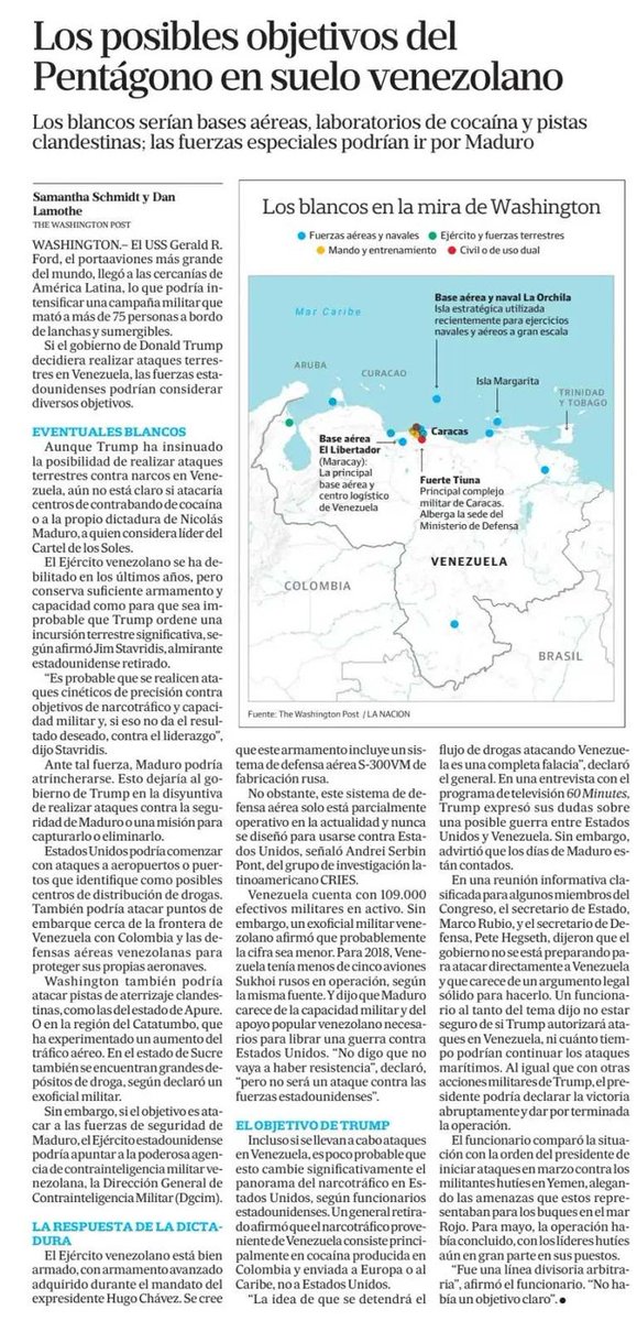 Los posibles objetivos del Pentágono en suelo venezolano...

Los blancos serían bases aéreas, laboratorios de cocaína y pistas clandestinas.

Las fuerzas especiales podrían ir por <a href="/NicolasMaduro/">Nicolás Maduro</a>