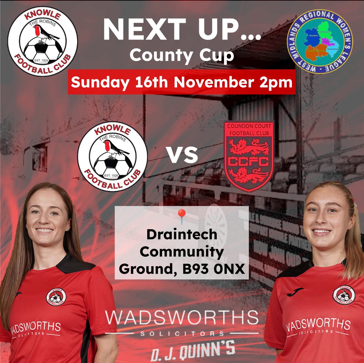 This Sunday we play Coundon Court Development in our Challenge Vase Cup!

🆚 Coundon Court Ladies Development 
🏟️ Draintech Community Ground, Hampton Rd, B93 0NX
⏰ 14:00pm KO
🗓️ Sunday 9th November 
🎟️ Free entry

#knowleladiesfc #uptherobins #wmrwl
