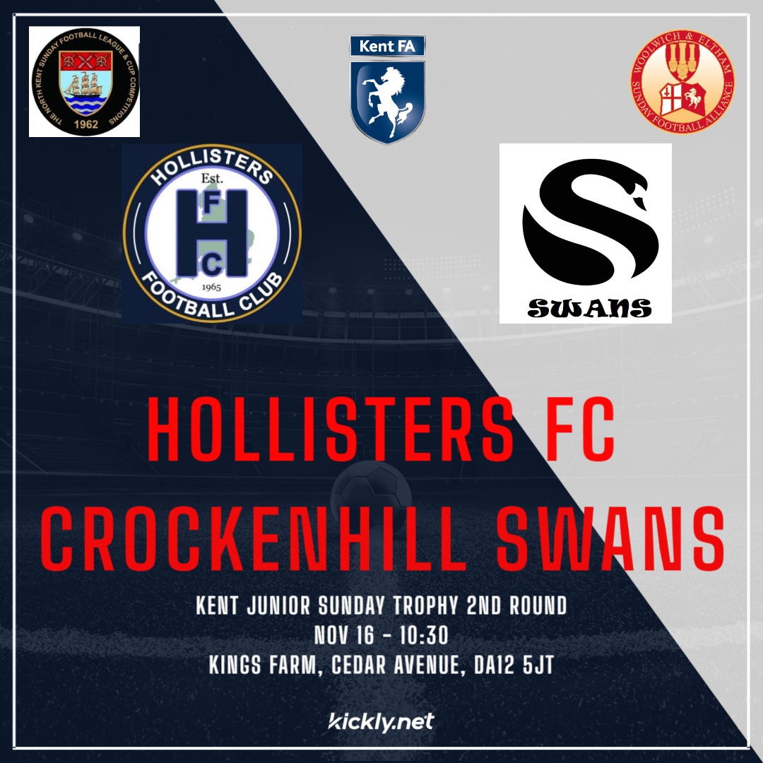 Next we take on some friends from when we were Swanley FC.
<a href="/HollistersFc/">Hollisters FC</a> are in North Kent Sunday League Div 2, so we are in for a tough game.
Please come along &amp; support the lads as they try to get into the 3rd round of the Kent Sunday Trophy 🦢