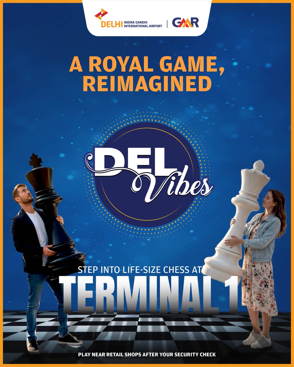 DelhiAirport's tweet image. Your next move awaits! ♟️ 
Step into our life-size chess zone at Delhi Airport after your security check.

Turn your next wait into a winning move. 
#DelVibes #DelhiAirport