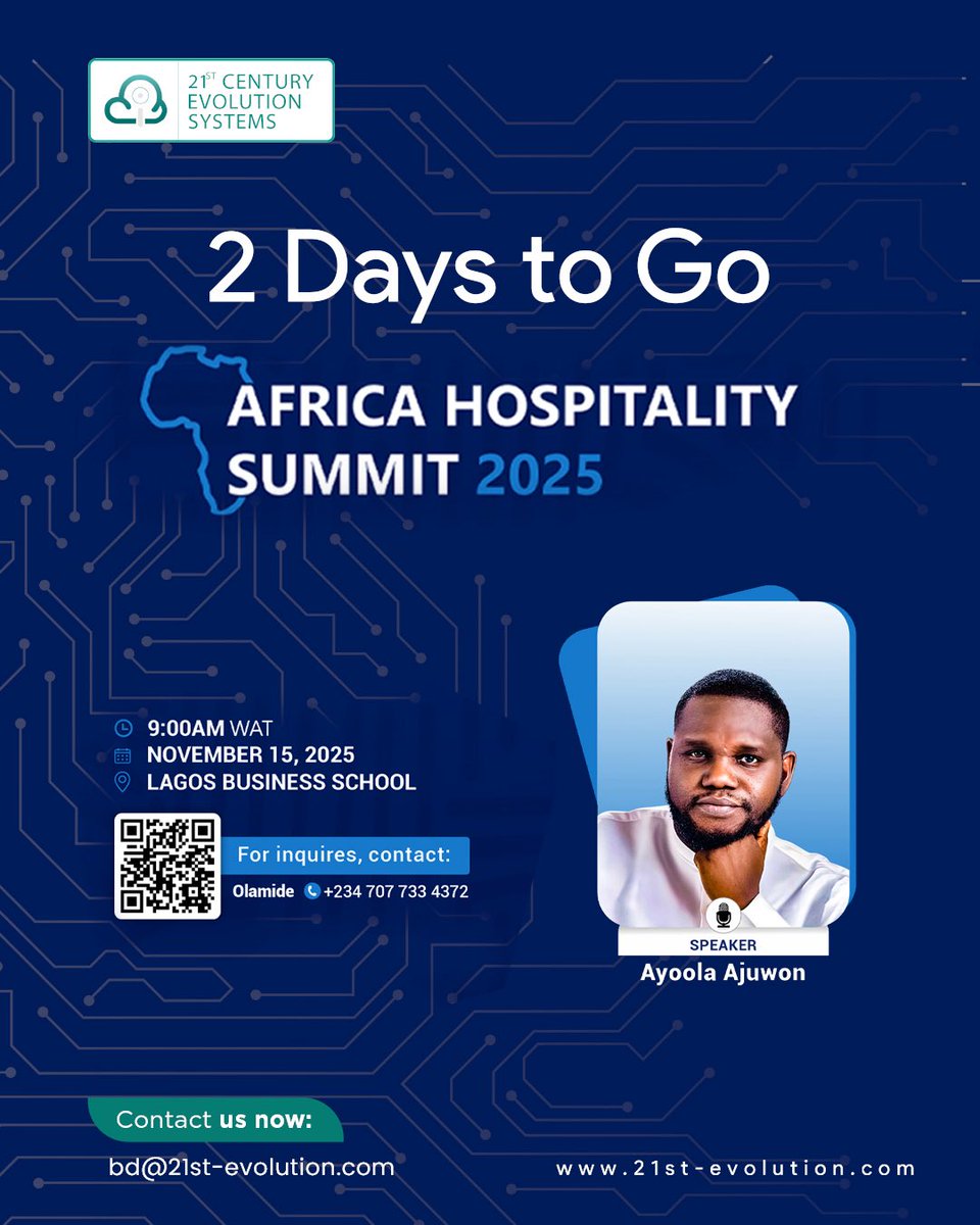 21stCentury_Evo's tweet image. 2 days to go! ⏳
Africa’s biggest minds in hospitality &amp;amp; tech meet at Lagos Business School for #AHS2025 🎯.

Big ideas. Bold conversations. Real impact.
We can’t wait to be part of the future of hospitality in Africa! 

#AHS #TechInHospitality #SmartIntegration #21stCESL