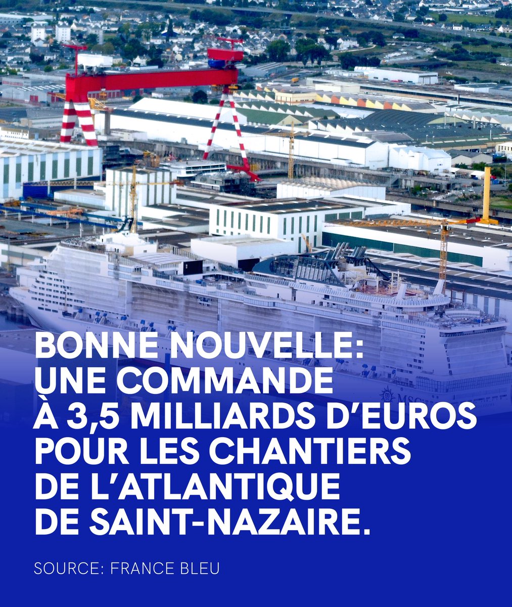 Journée historique pour les Chantiers de l'Atlantique ! 
Cette nouvelle commande démontre le savoir-faire des femmes et des hommes qui travaillent aux Chantiers de l'Atlantique et le caractère innovant des projets portés par notre fleuron industriel. 🇫🇷 #ChooseFrance #TAEM