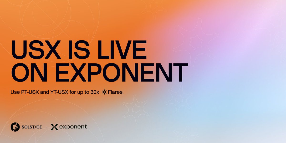 solsticefi's tweet image. PT-USX and YT-USX are now live on @ExponentFinance.

Lock fixed rates with PT-USX, or leverage Flares exposure with YT-USX at 30x.

Supply liquidity to these markets for 20x Flares and claim from 10,000 USX in monthly rewards.

Solana defi keeps stacking.