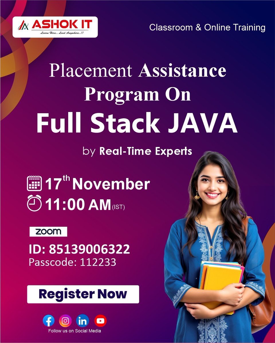 ashokitschool's tweet image. 🎓 Placement Assistance Program on Full Stack Java
📲 Register Now: tr.ee/mfhLlV
📅 Date: 17th November
⏰ Time: 11:00 AM (IST)
💻 Mode: Classroom &amp;amp; Online
#FullStackJava #JavaDeveloper #JavaTraining #PlacementProgram #JobReadySkills #SpringBoot #Microservices #ReactJS