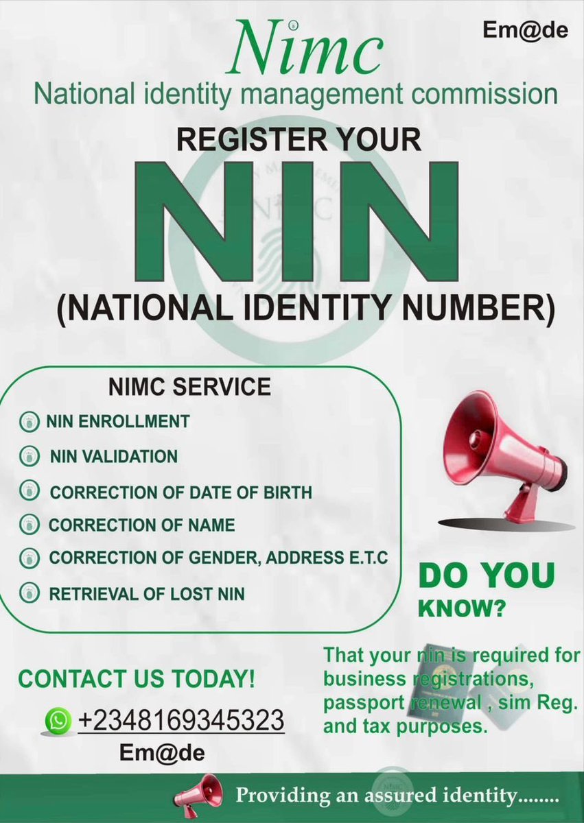 onlyoluwasoga's tweet photo. @nimc_ng Just a DM away retrieve your lost nin, make corrections on your NIN such as name, gender, phone number, date of birth etc. and all kinds of NIN  related issues. Always💯 at your service. https://t.co/UosIU5fgiT https://t.co/RpH8huZhGd
