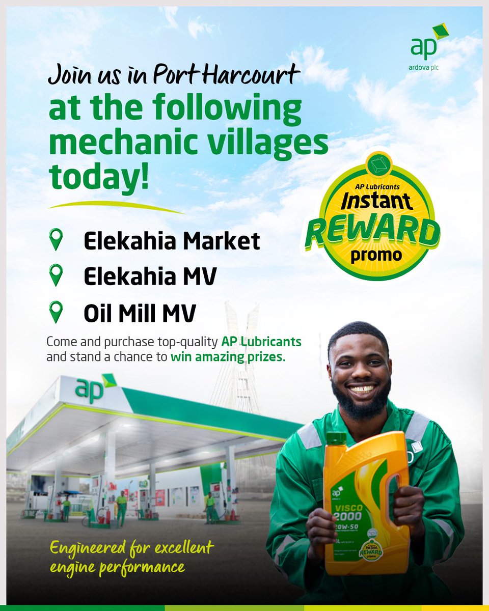 ardovaplc's tweet image. PH, join us at the following locations today for Day 4 of the Visco 2000 activation:

Elekahia Market 
Elekahia MV
Oil Mill MV

Don’t miss the opportunity to win amazing gift items!

#APLubricantScratchAndWinPromo
#Visco2000
#APLubricants
#portharcourtcity