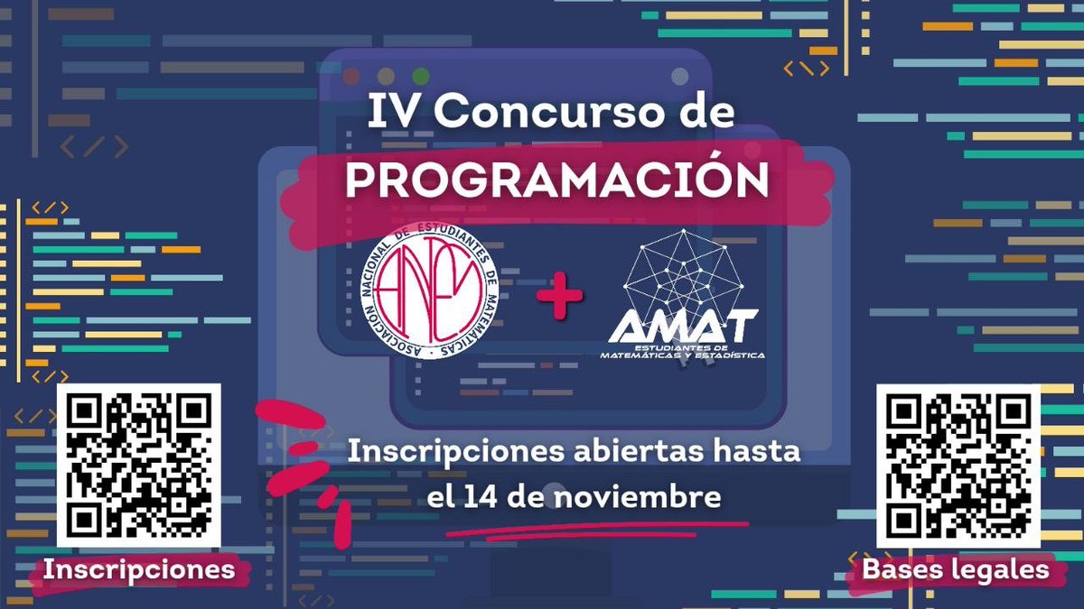 ÚLTIMAS HORAS

Mañana se cierran las inscripciones para el Concurso de programación ANEM-AMAT 💻

🔗 Toda la info: share.google/HkZeqT9hra1lGq…