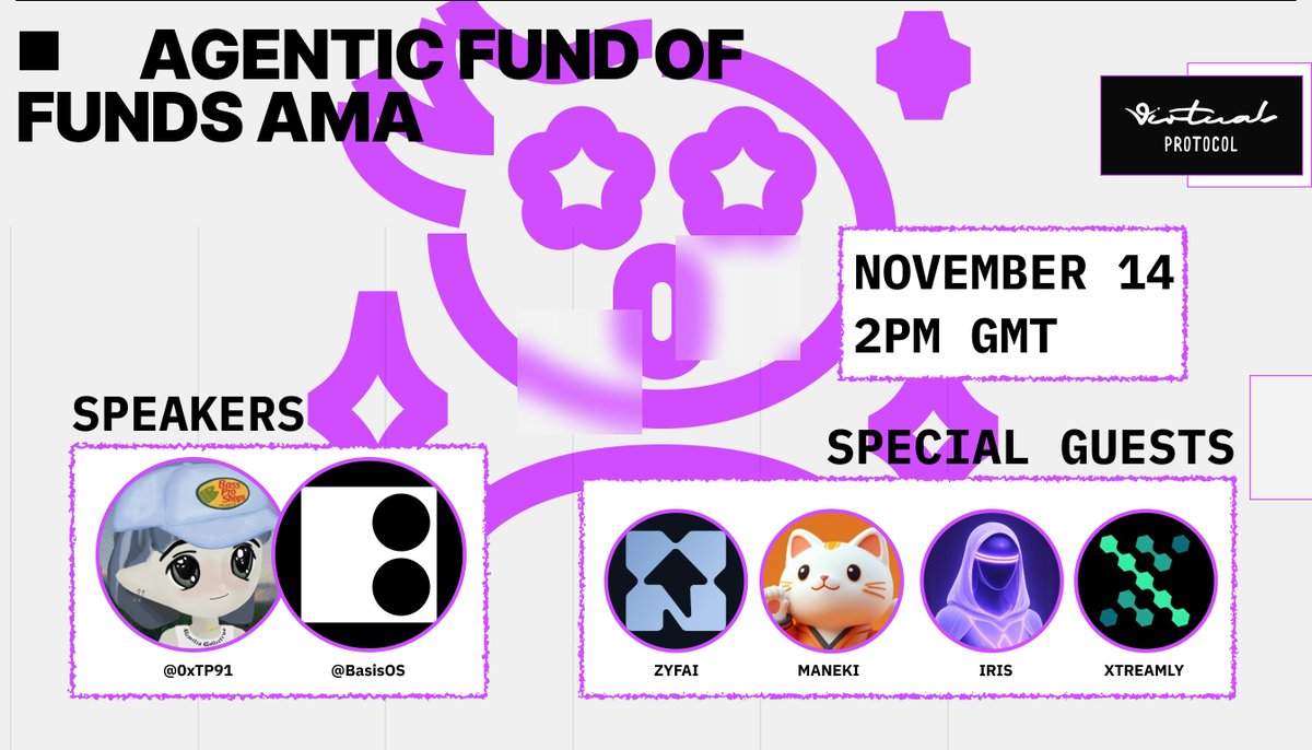 🎙️ AGENTIC FUND OF FUNDS AMA
📅 Friday, Nov 14 · 2 PM GMT

This Friday, we’ll be gathering with our valued partners to discuss the future of Fund of Funds.

Join us to learn about the latest changes and why they matter.