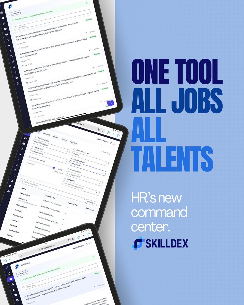 Skilldexai's tweet image. One Tool. All Jobs. All Talents.

Skilldex lets you post once, distribute everywhere, analyze applicants, and manage interviews — from one dashboard.
HR teams call it their “control center for recruiting.”

#AllInOneTool #RecruitmentAutomation #HRTech #wesolveIT