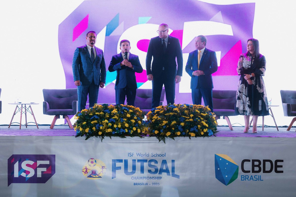 ISFsports's tweet photo. ISF WSC Futsal 2025 opened in Brasília! 39 teams from 19 delegations in action.
ISF President Tanasković: “Sport is not just about winning … This week, you will share your traditions, music, dances, and smiles.”
#ISFsports #ISFwsc #Brasília2025 #Futsal #Brazilia #brazil https://t.co/GMPiV0SXLz