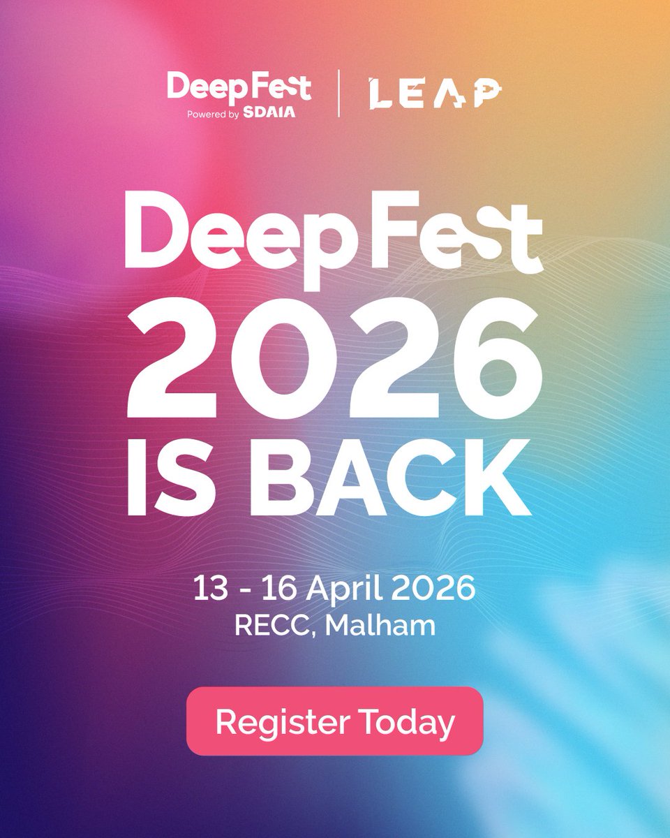 DeepFest 2026 registration is now open. 
 
Join the world's leading AI and robotics brands from 13-16 April 2026 in Riyadh.

Co-located with LEAP, DeepFest is for those building real solutions. 
Choose your pass:
🎟 VIP: for senior leaders and time-conscious decision makers
🎟