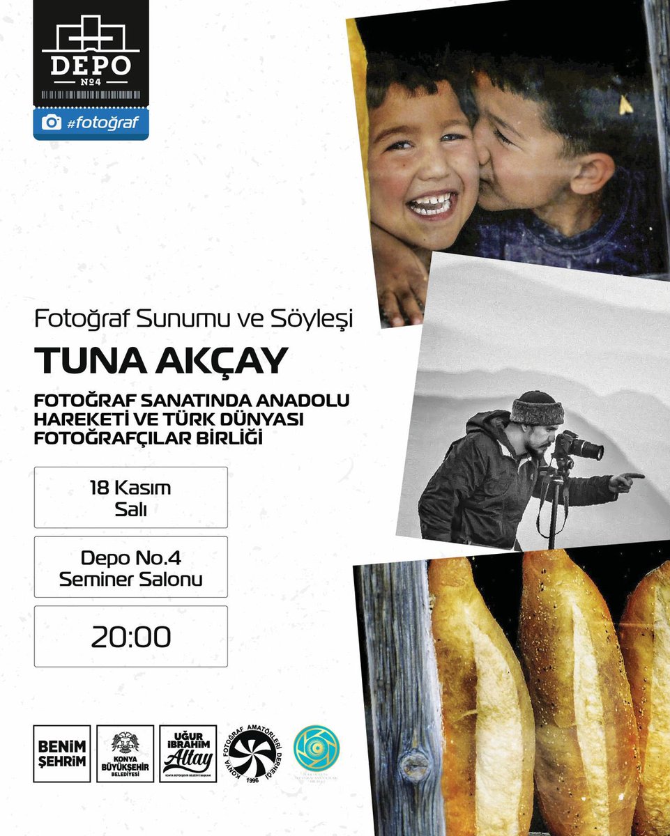 Depo No.4’te KONFAD’lı Fotoğraf Günleri devam ediyor…
18 Kasım Salı akşamı saat 20.00’de, Doç. Dr. Tuna Akçay ile “Fotoğraf Sanatında Anadolu Hareketi ve Türk Dünyası Fotoğrafçılar Birliği” başlıklı sunum ve söyleşide bir araya geliyoruz.