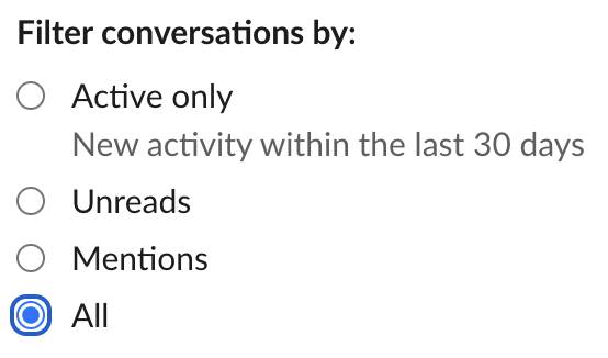 tkihira's tweet image. Slack で新しく出来たこの &quot;Active only&quot; がデフォルトになっているせいでチャンネルが消えて見えるの、自分にとってはかなりストレスでした。Star チャンネルくらいは残してほしかった