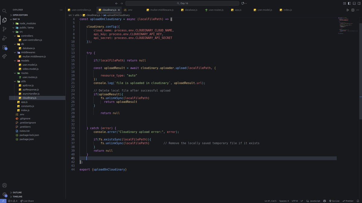 aummehta_dev's tweet image. Day 80 &amp;amp; 81 #100DaysOfCode
Forgot to post yesterday Set up a pro backend structure, tested APIs with #postman, and implemented file upload using #multer + #Cloudinary(saved URLs in #MongoDB).Took 3–4 hrs debugging but finally fixed it 💪#Backend #Nodejs #debugging @Hiteshdotcom