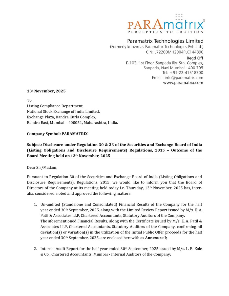 nileshkurhade's tweet image. 📌 Paramatrix Technologies Limited informed the exchange about its approval for the financial results for the period ended September 30, 2025. #SME #PARAMATRIX 📄🧾