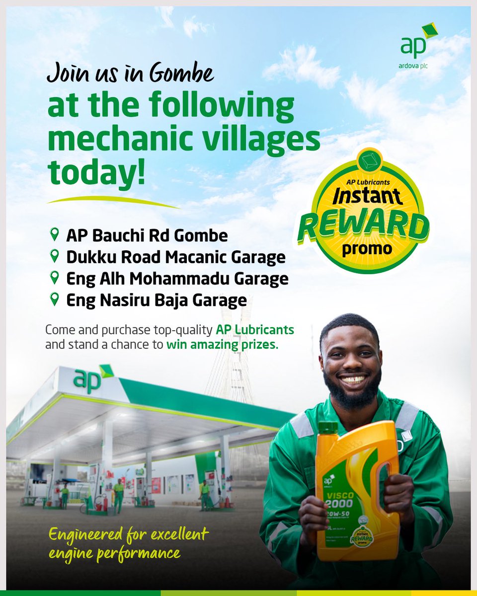 ardovaplc's tweet image. Gombe, we are in your city!

Join us at the following stations today:

AP Bauchi Rd Gombe
9 Dukku Road Macanic Garage
Eng Alh Mohammadu Garage
Eng Nasiru Baja Garage

Don’t miss the opportunity to win amazing gift items!

#APLubricantScratchAndWinPromo
#Visco2000
#APLubricants