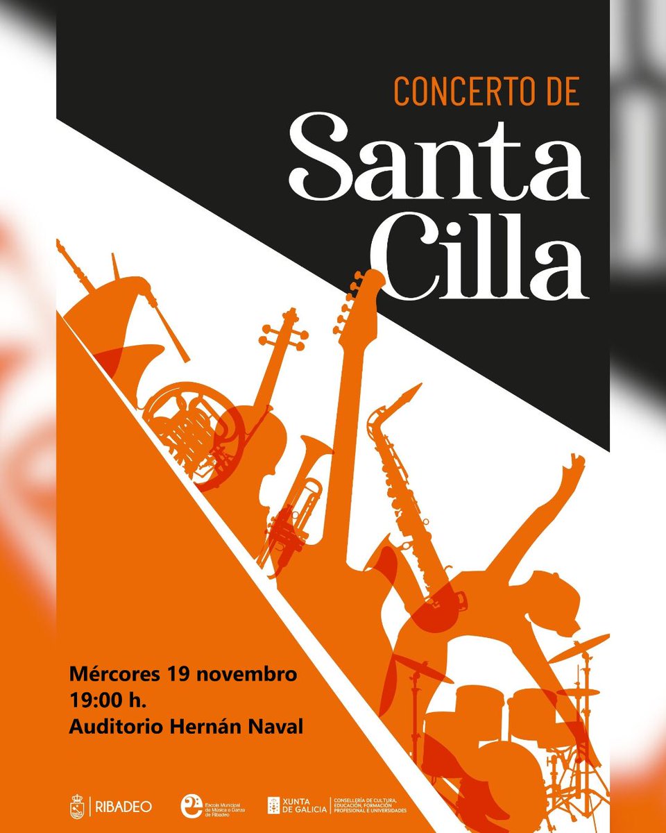 𝘼 𝙀𝙨𝙘𝙤𝙡𝙖 𝙈𝙪𝙣𝙞𝙘𝙞𝙥𝙖𝙡 𝙙𝙚 𝙈𝙪́𝙨𝙞𝙘𝙖 𝙚 𝘿𝙖𝙣𝙯𝙖 𝙙𝙚 𝙍𝙞𝙗𝙖𝙙𝙚𝙤 𝙘𝙚𝙡𝙚𝙗𝙧𝙖 𝙎𝙖𝙣𝙩𝙖 𝘾𝙚𝙘𝙞𝙡𝙞𝙖! 

📅 Mércores, 19 de novembro
🕖 19:00 h
📍 Auditorio Municipal Hernán Naval