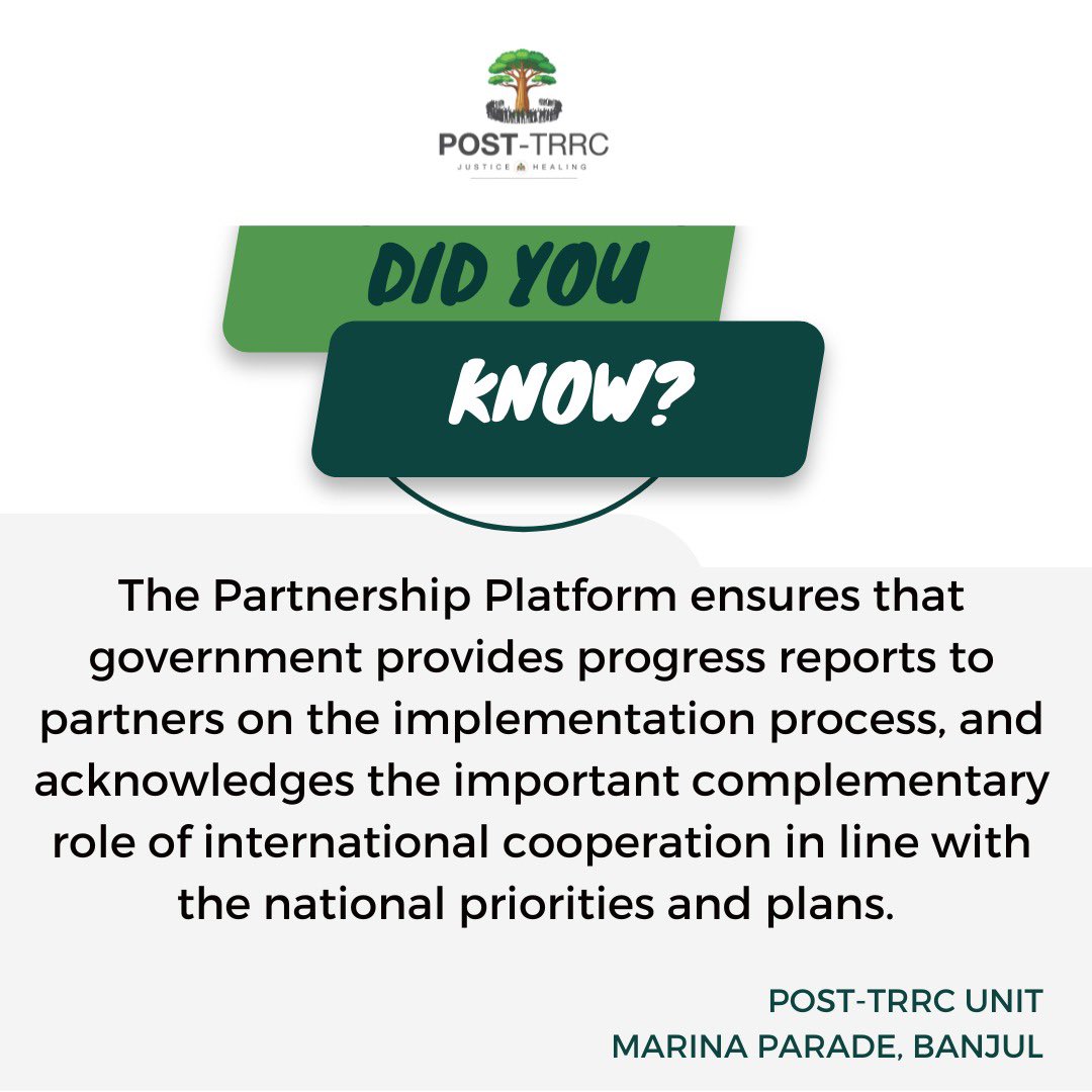 PostTRRC_Gambia's tweet photo. 💡 Did you know?
The Partnership Platform ensures regular progress reports on TRRC implementation, promoting transparency and collaboration with partners in line with national priorities.
#PostTRRC #JusticeAndHealing #TheGambia https://t.co/dq5CpuGeeI