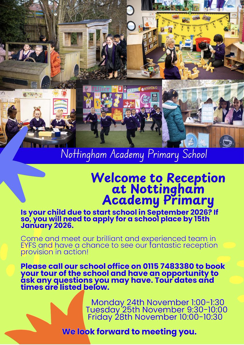 Is your child due to start school in September 2026? Please come and meet us and find out about the fantastic provision at Nottingham Academy Primary. Give us a call to book your tour. We look forward to meeting you 😊.