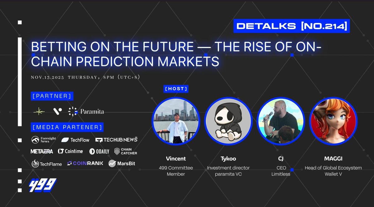 DeTalks [EN] No.214
Space SOON — Betting on the Future: The Rise of On-chain Prediction Markets

Time: Thursday, November 13, 2025 · 8:00 PM (GMT+8)

Prediction markets are redefining how information, incentives, and coordination work on-chain. From crypto-native governance bets