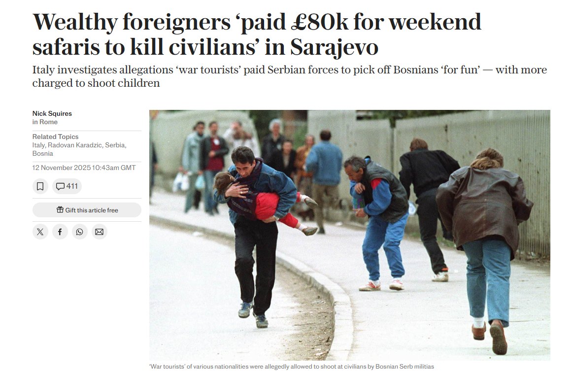 'Sarajevo Safari' came out in 2022. This horror was reported during the genocide in Bosnia. Zero accountability. Until one researcher started pulling on a thread and filed a legal complaint in Italy. A reminder that it is often left to people, not systems, to seek justice.