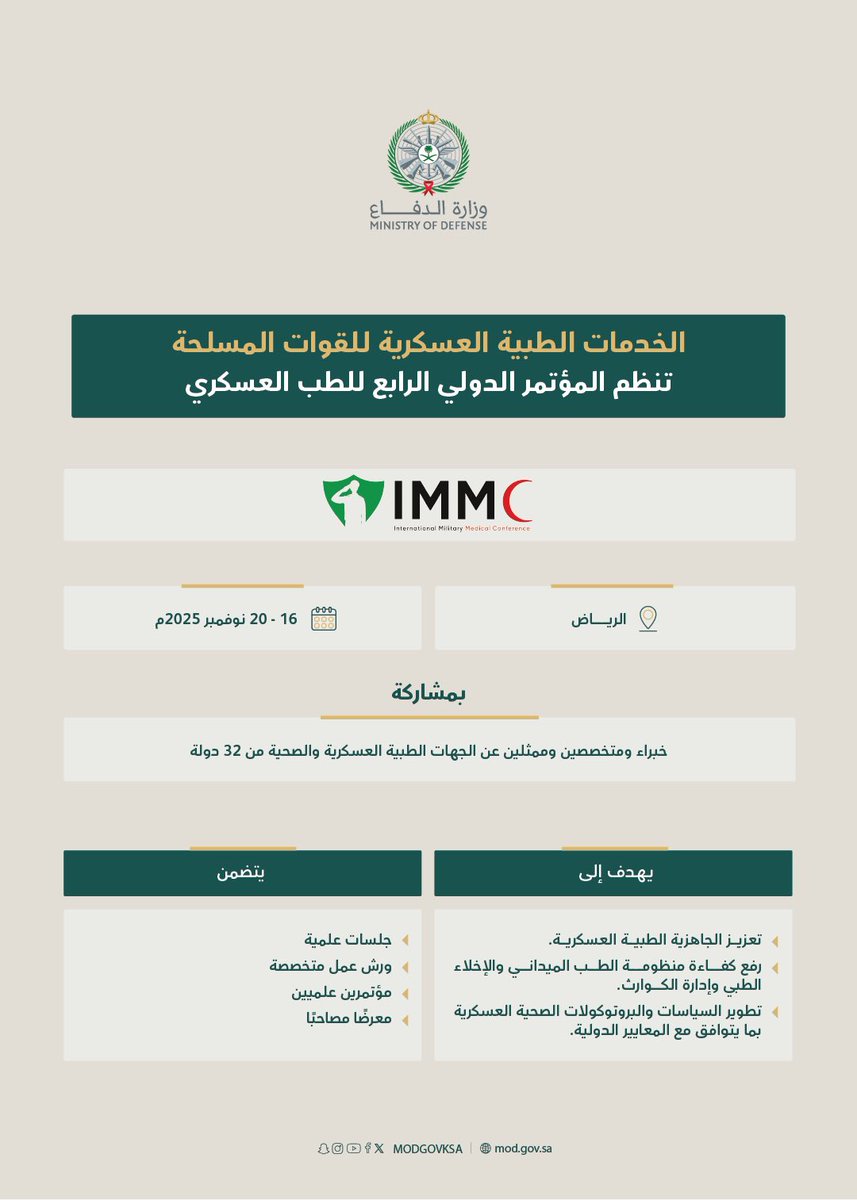 #وزارة_الدفاع ممثلةً في الخدمات الطبية العسكرية للقوات المسلحة، تنظم المؤتمر الدولي الرابع للطب العسكري بالرياض، بمشاركة خبراء ومتخصصين من 32 دولة.