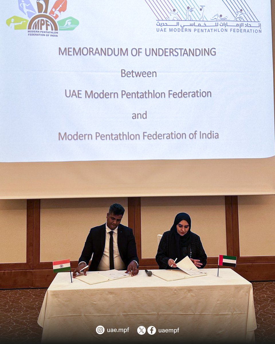 في خطوة جديدة لتعزيز التعاون الرياضي، وقع اتحاد الإمارات للخماسي الحديث مذكرة تفاهم مع اتحاد الهند 🇮🇳 في مدينة أنجو باليابان، وذلك على هامش مشاركتنا في البطولة الآسيوية المؤهلة لدورة الألعاب الآسيوية 2026.