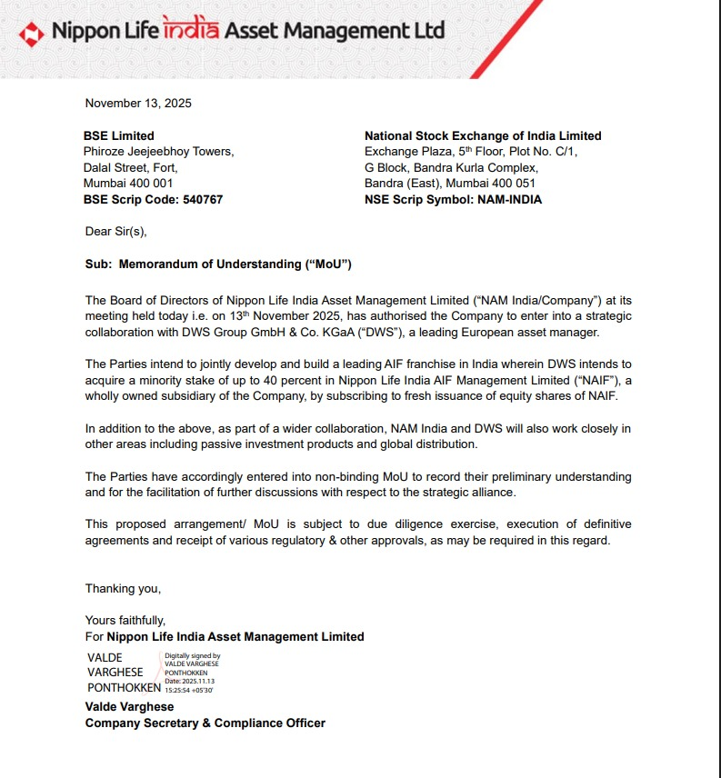 CNBCTV18Live's tweet image. #JustIn | #DWS to acquire up to 40% stake in Nippon Life India AIF Mgmt, a wholly owned subscidiary of Nippon Life India