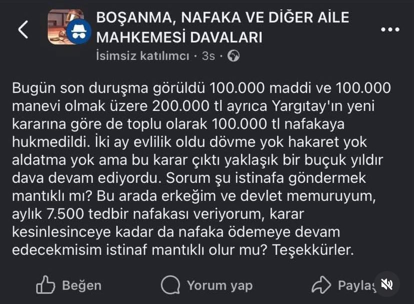İki aylık evlilik 300.000 + her ay 7.500 TL’ye patlamış. Düğünde takılan altınlar da kadının. 

Ev ve düğün harcamalarına minimum 1 milyon TL dersek; 1.300.000 TL erkeğin götüne girmiş demektir. 

Dünyanın en riskli işi şu an Türkiye’de evlenmek. 

Bu yasaları düzeltmedikçe doğum