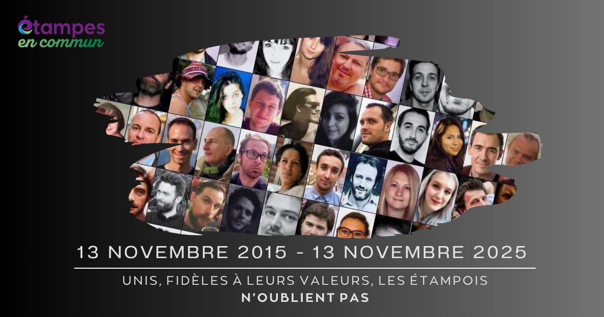 EtampesC's tweet photo. 10 ans après l’horreur du #13novembre, rendons hommage aux victimes, à leurs familles, aux agents publics qui se sont mobilisés. N’oublions jamais le but recherché par Daesh  : nous diviser, nous apeurer. Unis, restons fidèles à nos valeurs de fraternité et solidarité. #Etampes https://t.co/NfhIuDnVEs
