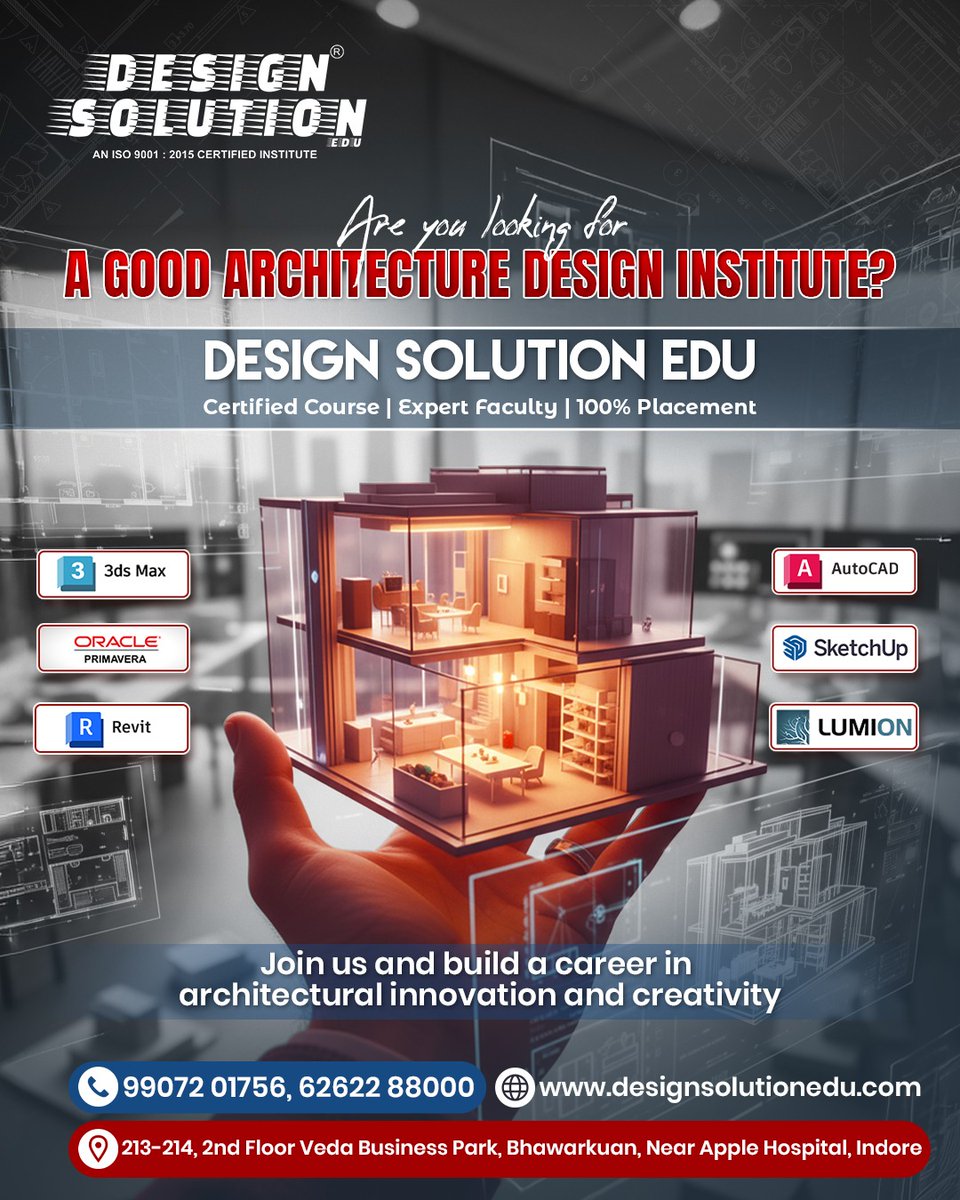 Designsolutiona's tweet image. Turn your creativity into a career!
Learn AutoCAD, Revit, 3ds Max &amp;amp; more at 𝐃𝐞𝐬𝐢𝐠𝐧 𝐒𝐨𝐥𝐮𝐭𝐢𝐨𝐧 𝐄𝐃𝐔.

📞 Call: 99072 01756 | 62622 88000
.
.
.
.
.
#designsolution #indore #ArchitectureTraining #DesignInstitute #AutoCAD #Revit #3dsMax #Lumion #SketchUp #Primavera