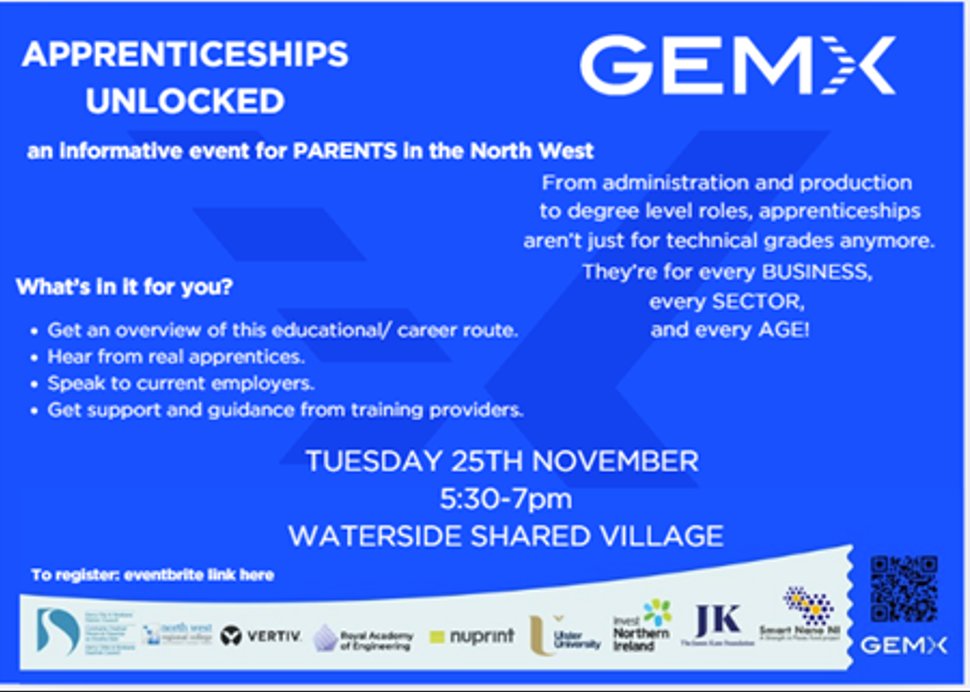 SaintMarysDerry's tweet image. 🎓St Mary’s Parents &amp;amp; Pupils – You&apos;re Invited! 🎓

Join GEMX for Apprenticeships Unlocked – an exciting evening designed to help you explore the world of apprenticeships and future career paths! (1/3)
eventbrite.co.uk/e/apprenticesh…