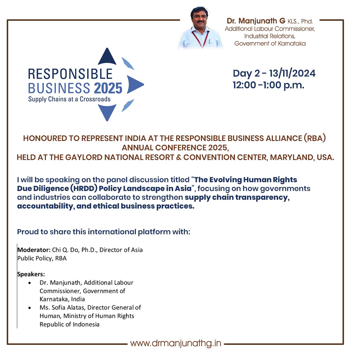 Honored to represent at the Responsible Business Alliance (#RBA2025) Conference 2025 in Maryland, USA.
Joining global leaders incl. Ms. Sofia Alatas (#indonesia ) to discuss “The Evolving HRDD Policy Landscape in Asia” advancing transparency, labour welfare &amp; responsible growth.