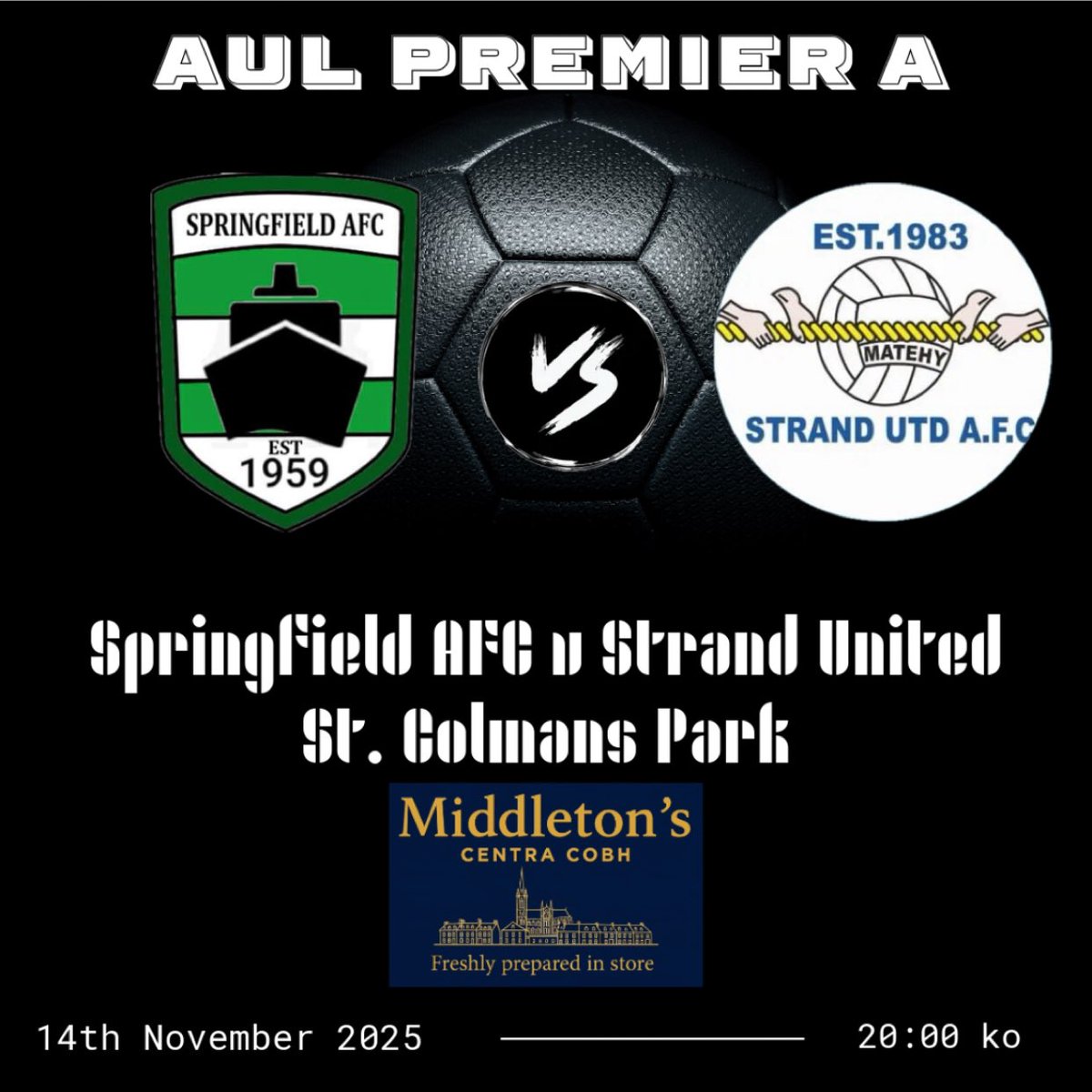 Massive game tomorrow night in St Colmans Park against Strand United where a win would see Springers join Strand at the top of the table. Kick off is 8pm and all support would be greatly appreciated.A huge thank you to Middleton's Centra Cobh who kindly sponsored this weeks match