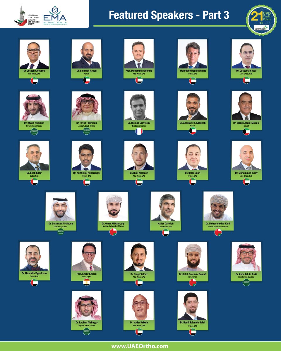 Get ready — Part 3 of our speaker lineup is here!
Join us at #UAEOrtho 2025 and learn directly from leading orthopaedic specialists driving innovation across the field.

Check-out the full AGENDA: bit.ly/EIOCAgd

📍 InterContinental Dubai Festival City | 14 -16 Nov 2025