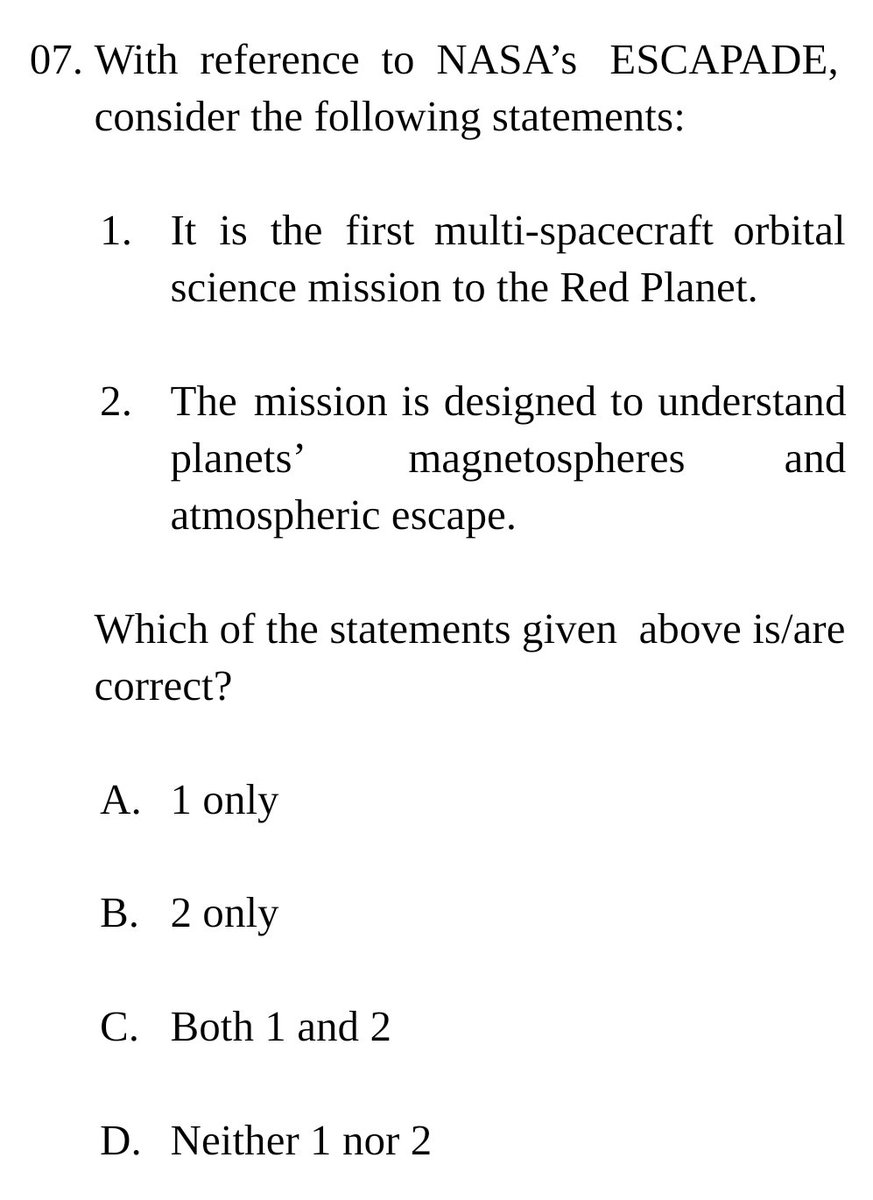mbtscience's tweet image. 𝐒𝐂𝐈𝐄𝐍𝐂𝐄 &amp;amp; 𝐓𝐄𝐂𝐇𝐍𝐎𝐋𝐎𝐆𝐘 𝐏𝐑𝐀𝐂𝐓𝐈𝐂𝐄 𝐐𝐔𝐄𝐒𝐓𝐈𝐎𝐍

With reference to NASA’s ESCAPADE, consider the following statements: 

#𝐔𝐏𝐒𝐂 #𝐔𝐏𝐒𝐂𝐏𝐫𝐞𝐥𝐢𝐦𝐬𝟐𝟎𝟐𝟔 #𝐔𝐏𝐒𝐂𝟐𝟎𝟐𝟔 #𝐂𝐀𝐏𝐅 #𝐍𝐃𝐀 #𝐂𝐈𝐒𝐅 #𝐂𝐃𝐒