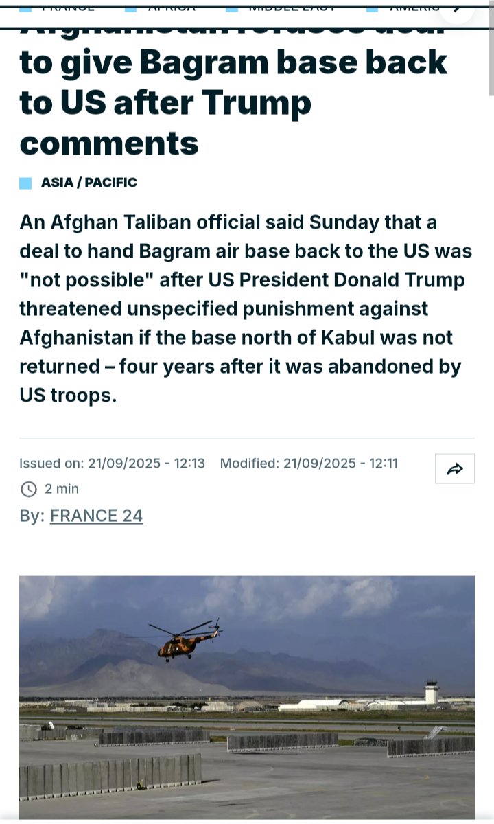 Livefinotech's tweet photo. Why Is Trump Angry?

Trump is furious because he claims the U.S. “built” Bagram. In reality, the Soviet Union built it in the 1960s and operated it until 1990. When NATO entered Afghanistan in 2001, the base was still functional. The U.S. only upgraded it.

In 2021, when the U.S. abruptly fled Kabul, they abandoned everything—including Bagram.

Now, suddenly, the U.S. wants it back.

Why?

Because the upgraded runways—3 km and 3.6 km long—can handle massive military transport aircraft. Bagram’s location is perfect:

Close enough to Xinjiang to monitor or strike Chinese bases

Ideal for operations against Iran
This is why Pentagon strategists are pushing Trump hard.

Similarly, China wants Bagram because it brings them closer to India and Iran, and could allow China to assist Iran if the U.S. attacks.

Trump’s decision in 2020 to pull out NATO troops completely was shortsighted. His advisors made a historic mistake.

Remember?
A month after Trump took office, he announced that the U.S. would reclaim Bagram.
This was because the plan to impose tariffs on China and BRICS nations was already on his table.

---

The American Think Tank Network

The U.S. maintains global dominance by analyzing every country’s 20-year development potential.
Think tanks constantly monitor:

Student leaders

Journalists

Professors

Lawyers

Local politicians

Environmental activists

Animal rights groups

They observe everything—statements, behaviour, political inclinations. When necessary, they use financial influence to turn these individuals against their own governments.

They tried everything against PM Modi—but failed.
Why? Because Modi lacks the two weaknesses through which global powers dominate nations:
lust for wealth and lust for luxury.

The Taliban trust Modi for the same reason.
This is also why the American think tank failed in its calculations.