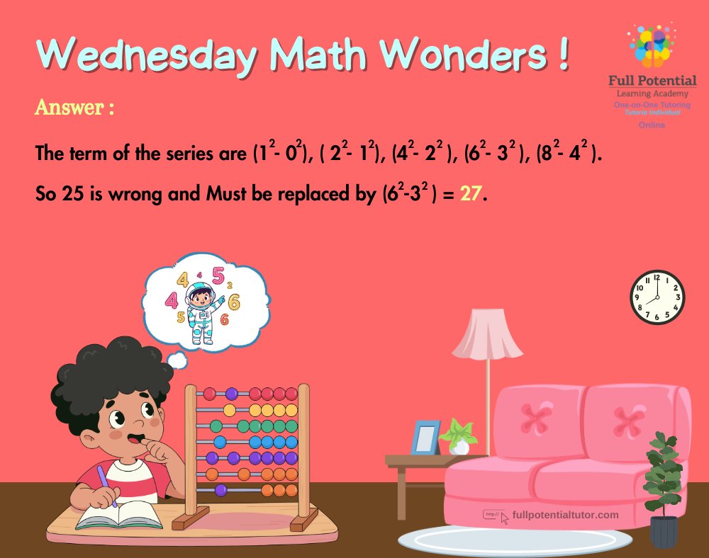 FPLAUSA's tweet image. 🔍🧩 Answer Revealed! Did you solve yesterday&apos;s Wednesday Math Wonders puzzle? Check out the answer and see if you got it right! 🏆🔢

#MathFun #RiddleTime #FullPotentialTutor #MathRiddle #WednesdayWonders #Miami #FPLA