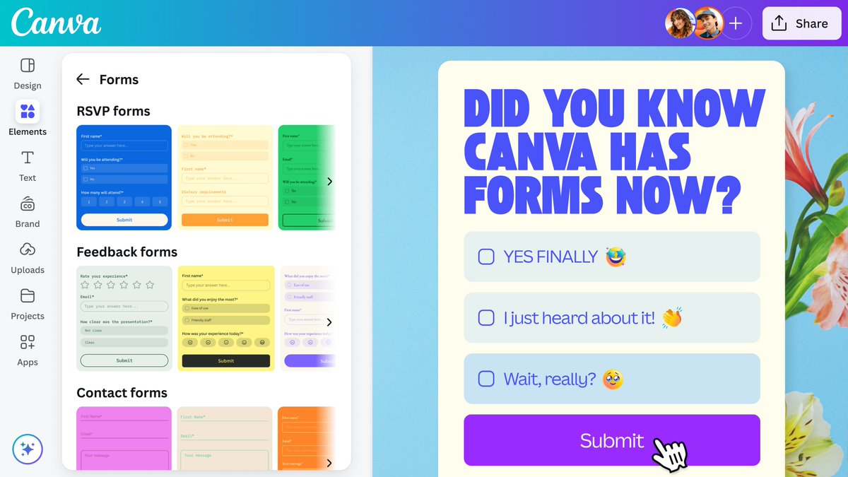 canva's tweet image. New launch alert: Forms 📝 Do you want beautiful forms you can add to any design — yes or yes? ☑️