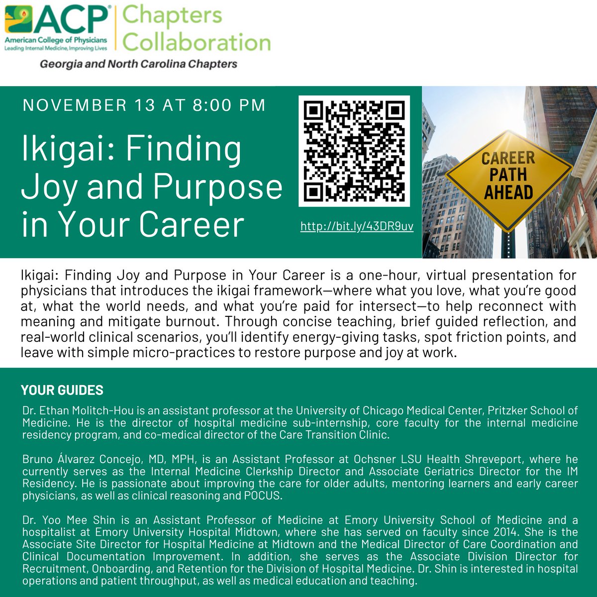 LAST CHANCE: Ikigai: Finding Joy and Purpose in Your Career is a one-hour, virtual presentation for physicians that introduces the ikigai framework to help reconnect with meaning and mitigate burnout.  REGISTRATION REQUIRED: us02web.zoom.us/meeting/regist…