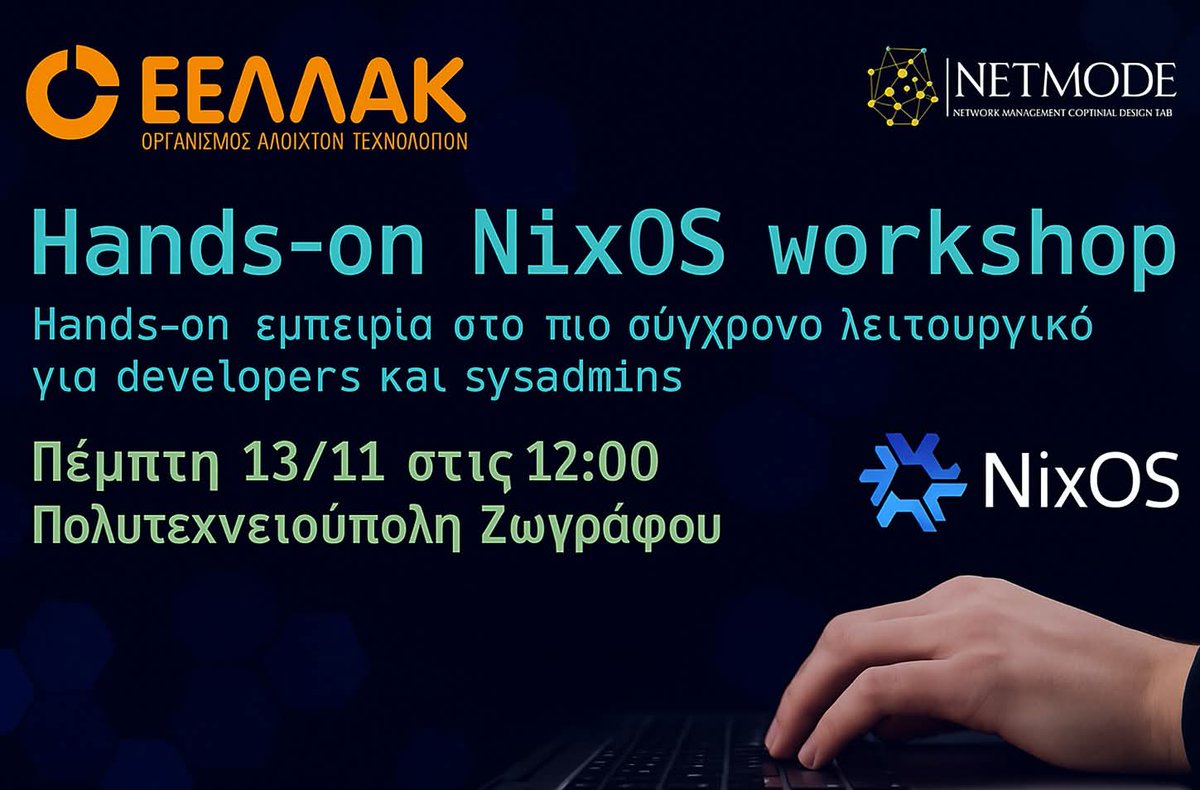 gfoss_en's tweet image. Ξεκίνησε το  hands-on workshop για το Nix package manager και το #NixOS opensource.ellak.gr/2025/11/04/han…
Ένα hands-on workshop που θα σας μάθει το Nix package manager και το NixOS. 

Το video του workshop θα αποσταλεί και σε όλους τους εγγεγραμμένους.