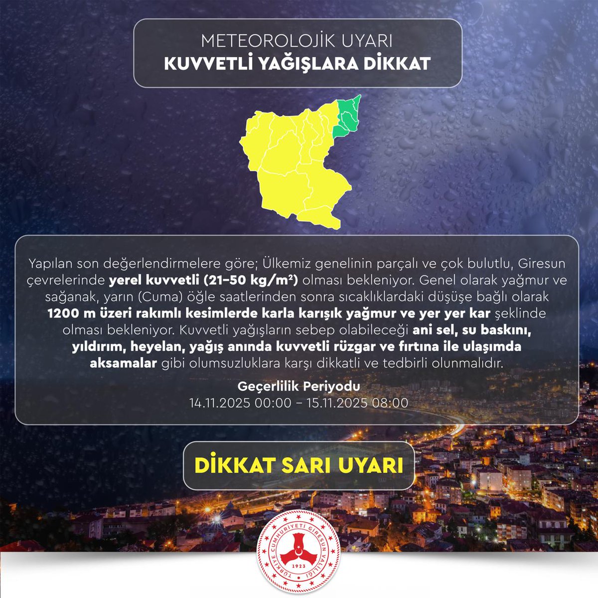 KUVVETLİ YAĞIŞLARA DİKKAT ❗️⛈️🌨️

Yapılan son değerlendirmelere göre; Ülkemiz genelinin parçalı ve çok bulutlu, Giresun çevrelerinde yerel kuvvetli (21-50 kg/m2) olması bekleniyor. Genel olarak yağmur ve sağanak, yarın (Cuma) öğle saatlerinden sonra sıcaklıklardaki düşüşe bağlı