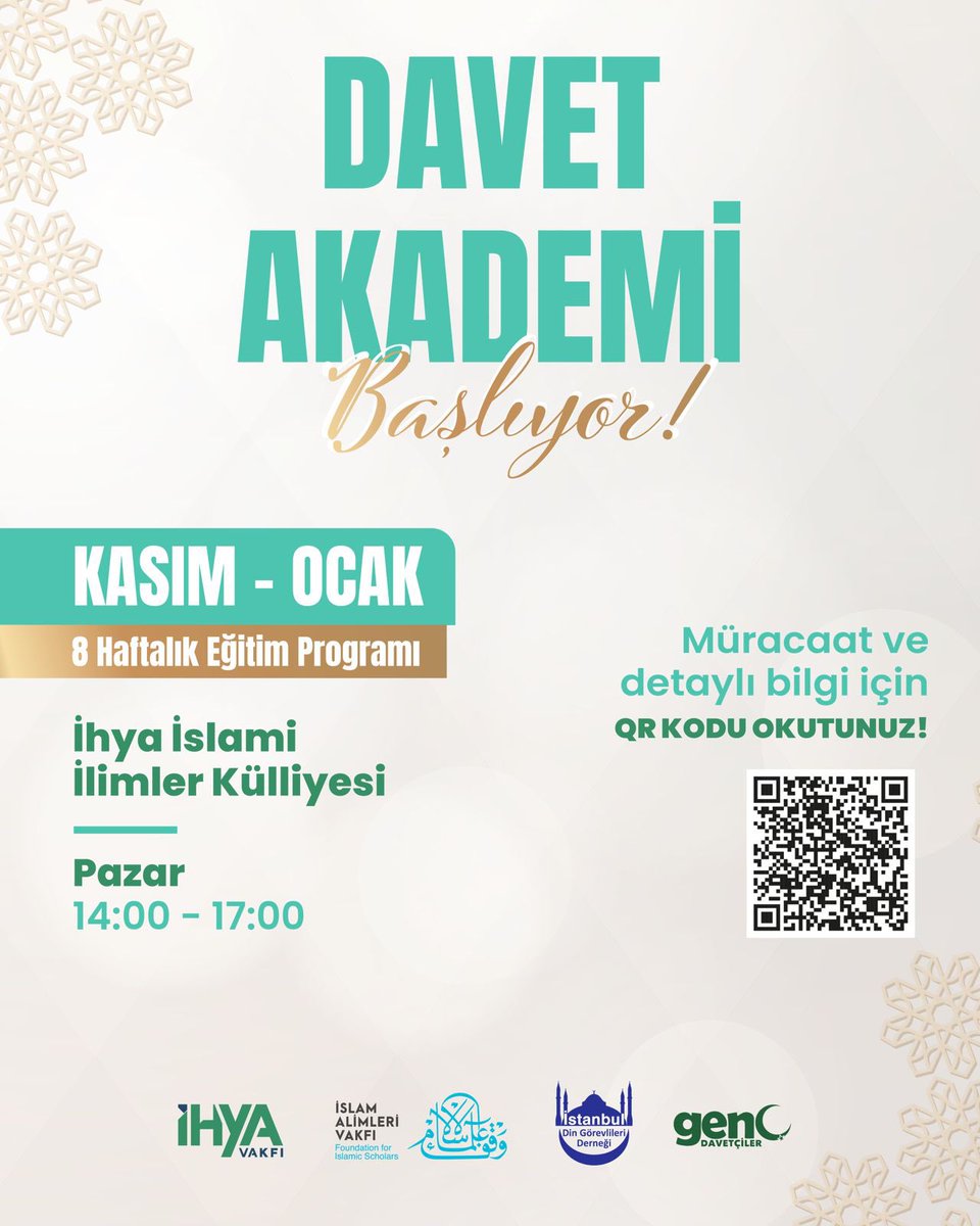 ihyavakif's tweet photo. Davet Akademi’ye kayıtlar başladı!
Kalbini diriltmek, aklını güzelleştirmek, imanına derinlik kazandırmak isteyenler için 8 haftalık bir ilim yolculuğu 💫

📅 Başlangıç: 23 Kasım Pazar
🕓 Her Pazar / 14.00–17.00
📍 8 hafta boyunca

🔗 Kayıt: https://t.co/bXBEVtVNdc https://t.co/NLWa7CithB