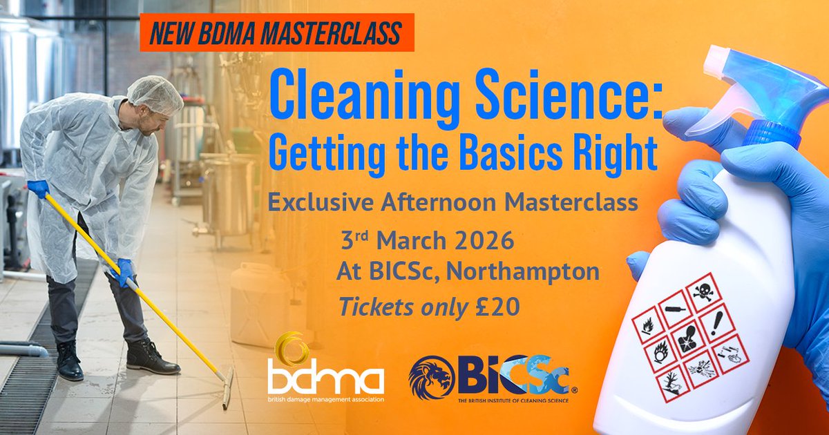 We are excited to announce that the British Institute of Cleaning Science (BICSc) will be hosting a masterclass on 3 March 2026 at their premises in Northampton!
📢 More details to follow!

Email info@bdma.org.uk to register your interest!

#bdma #training #cleaning #masterclass