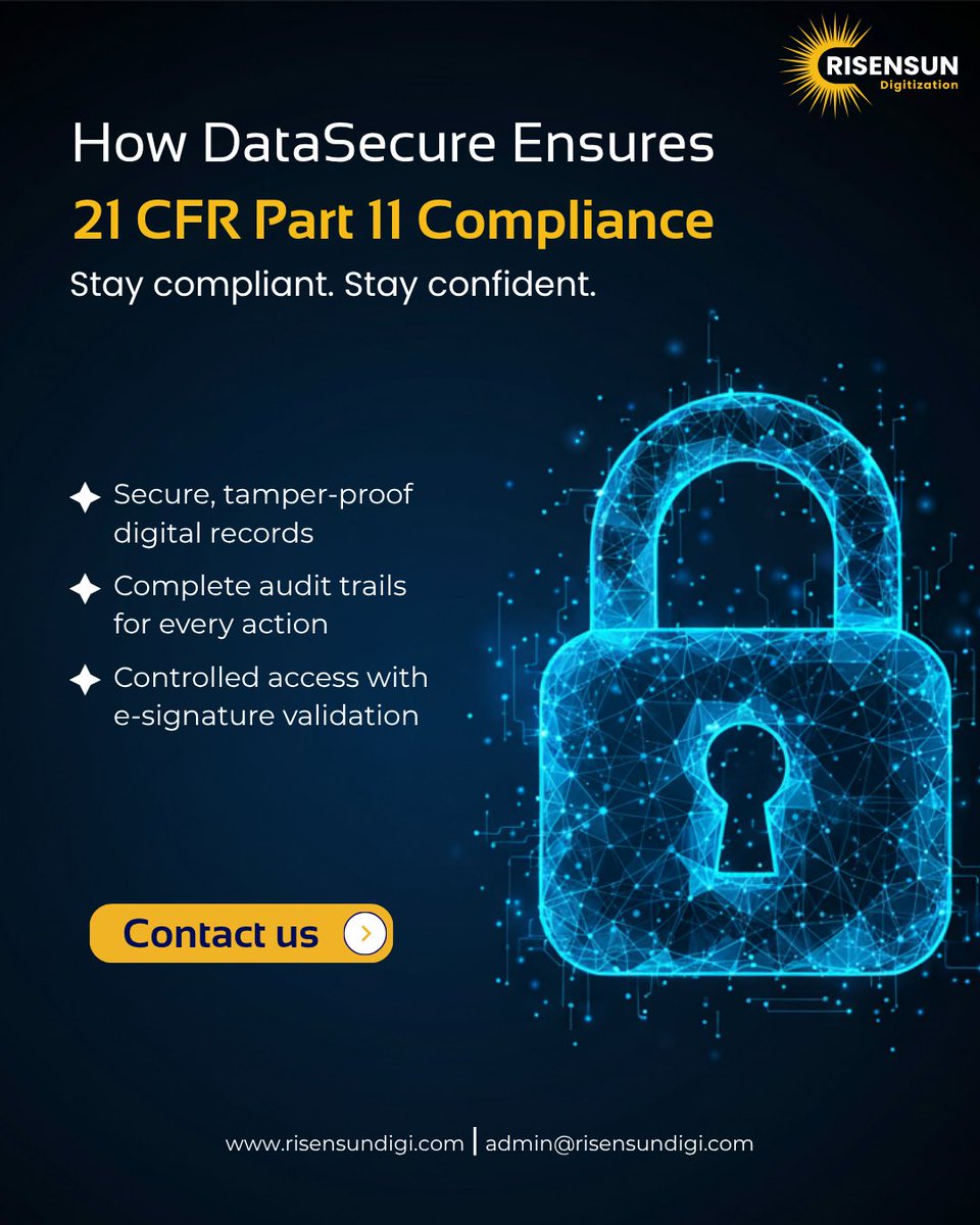risensundigi's tweet image. Stay compliant. Stay confident. 🔒
Ensure 21 CFR Part 11 compliance with RisenSun DataSecure.

✨ Book your FREE demo today!

𝐂𝐨𝐧𝐭𝐚𝐜𝐭 𝐔𝐬:
🌐 risensundigi.com
📧 admin@risensundigi.com

#RisenSunDigi #PharmixAI #DataSecure #PharmaCompliance #21CFRPart11 #eBMR